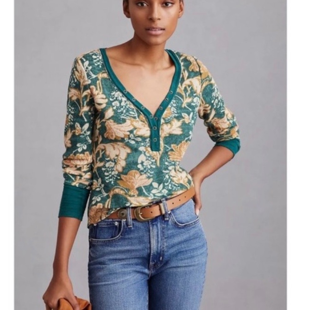 Pilcro for Anthropologie Floral V-Neck Long Sleeve Top
